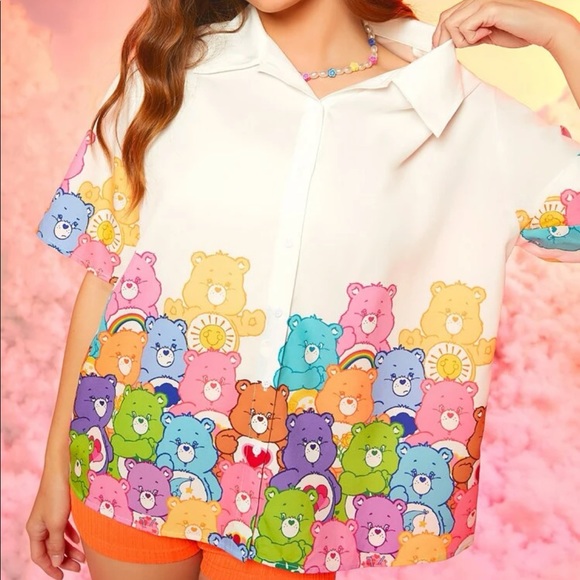 Care Bears shirt collar cute white top t-shirt short sleeve cartoon blue pink - Picture 4 of 6